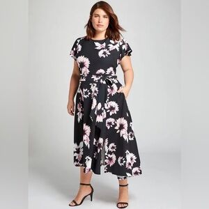Lane Bryant Floral Asymmetrical Midi Belted Tie Dress Size 22 Stretch Black Pink